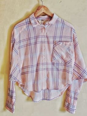 Free People Pink and Purple Plaid Batwing Long Sleeve Button Shirt B